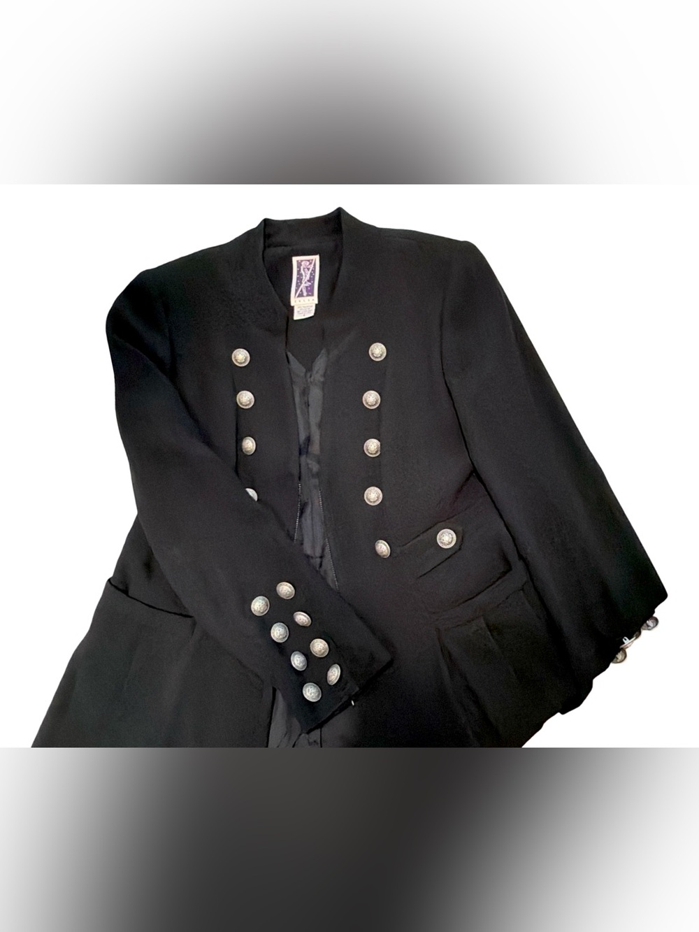 Zelda Women’s Military-Chic Long Coat | Black w/ Silver-Tone Buttons | Size 6 - Picture 9 of 12